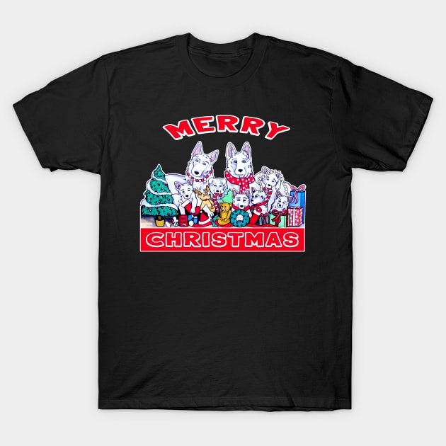 Dog Merry Christmas White German Shepherd Dog Family Holiday Fun T-Shirt by DesignFunk